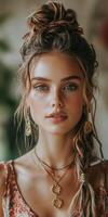 Boho braids with elegant jewelry in a relaxed environment photo