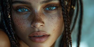 Boho braids with golden accents on a sunny day photo
