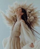 Boho braids complement ethereal gown in soft light photo