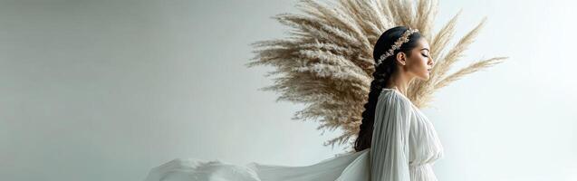 Boho braids with pampas grass background at a studio photo
