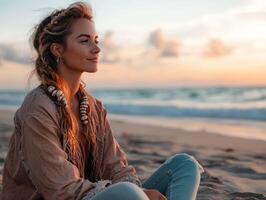Boho braids shine during sunset on the beach photo