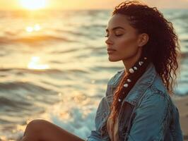 Boho braids shining at sunset by the ocean shore photo