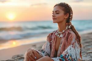 Sunset glow enhances boho braids by the ocean shore photo