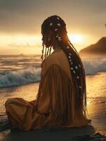 Boho braids at sunset by the beach photo
