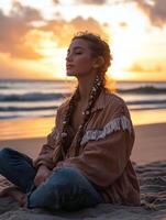 Boho braids and sunset by the beach create serene moment photo