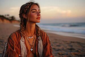 Boho braids shine during sunset by the beach photo