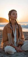 Boho braids shine in golden sunset by the beach photo