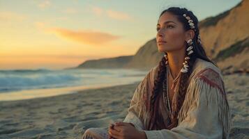 Boho braids at sunset on the beach photo