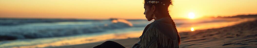 Sunset moment with boho braids on the beach photo