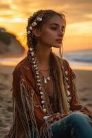 Boho braids shine during sunset at a beach photo