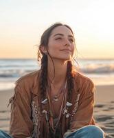 A woman sitting on the beach at sunset photo