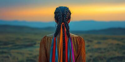 Beautiful boho braids with colorful ribbons at sunset photo