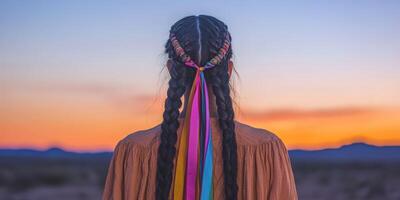 Stunning boho braids at sunset in desert landscape photo