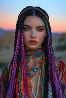 Boho braids with vibrant colors at sunset in the desert photo