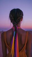 A woman with braids in the desert at sunset photo