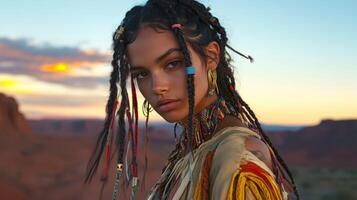Boho Braids Styled Against a Sunset Landscape photo