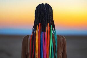 Boho braids with colorful tassels at sunset photo