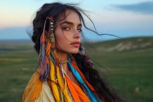 Boho braids and vibrant colors against a serene landscape photo
