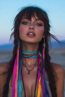 Boho braids with colorful accessories in sunset light photo