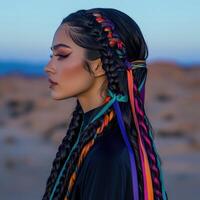 Boho braids with vibrant ribbons in serene landscape photo