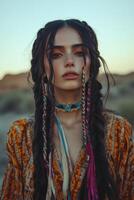 Boho braids adorn a young woman in a desert sunset photo