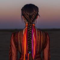 Unique boho braids adorned with colorful ribbons at sunset photo