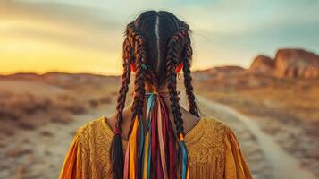 Elegant boho braids during sunset in a desert landscape photo