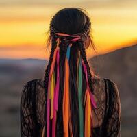 Boho braids with colorful ribbons at sunset in nature photo