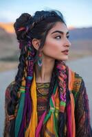 Boho braids with colorful accessories in natural setting photo
