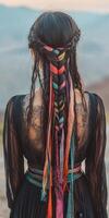 Boho braids with colorful ribbons styled in outdoor setting photo