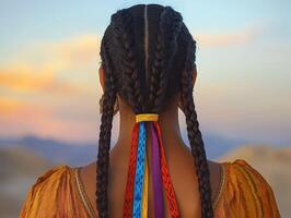 Boho braids with vibrant ribbons at sunset in nature photo