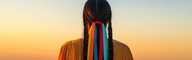 Stunning boho braids with colorful ribbons at sunset photo