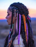 Boho braids adorned with colorful ribbons at sunset photo