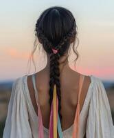 Elegant boho braids adorned with ribbons at sunset photo