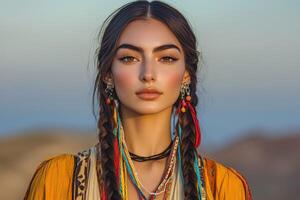 Boho braids with colorful accessories in a desert setting photo