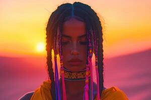 Boho braids capture sunset beauty in desert landscape photo