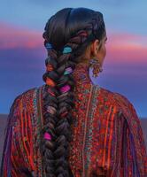 Boho braids with colorful accents at sunset photo