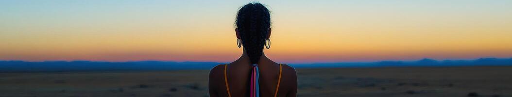 Boho braids at sunset in a serene desert landscape photo
