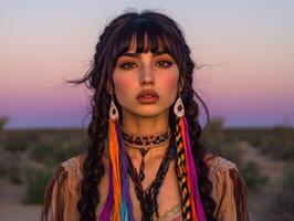 Boho braids and colorful accessories at sunset photo