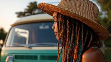 A woman with dreadlocks and a hat stands in front of a van photo