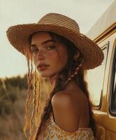 Boho braids and summer vibes in golden hour light photo