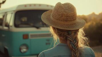 Boho braids and a vintage van at sunset photo