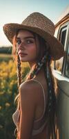 Boho braids with a straw hat in a sunny field photo