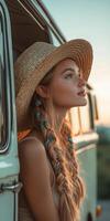 Beautiful boho braids and sun hat at sunset photo