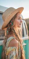 Boho braids and sunshine at a vintage van photo