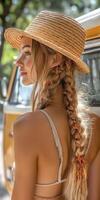 Boho braids and sunhat by a vintage van photo