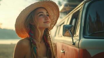 Boho braids and vintage van by the lake at sunset photo