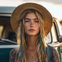 Beautiful boho braids with hat in sunset light photo