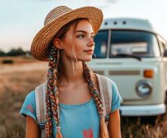 Boho braids with a vintage van in a scenic landscape photo