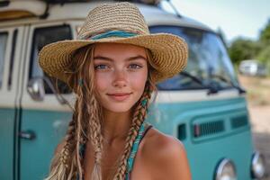 Stylish boho braids complement vintage van backdrop photo